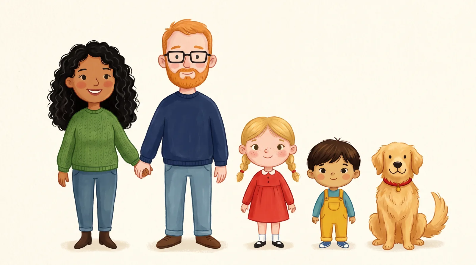 A storybook family of four and their golden retriever, drawn from a written description