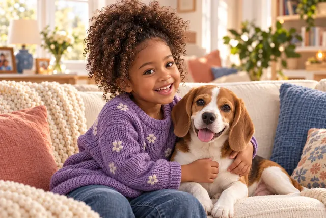 Maya and Biscuit: an AI-created reference photo for our fictional sample family