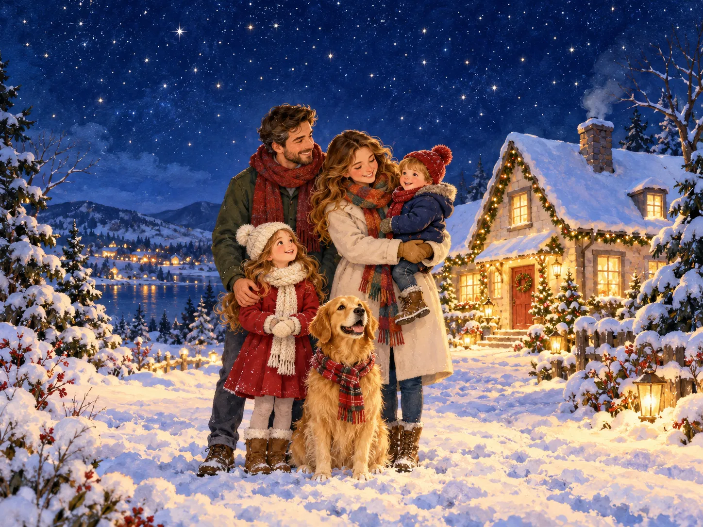 Illustration of a family of four and their golden retriever in the snow outside their house on Christmas Eve