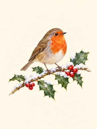 Robin on a snowy holly branch