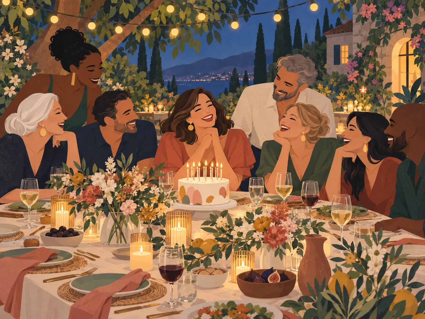 Illustration of a woman celebrating her birthday at a garden table with friends