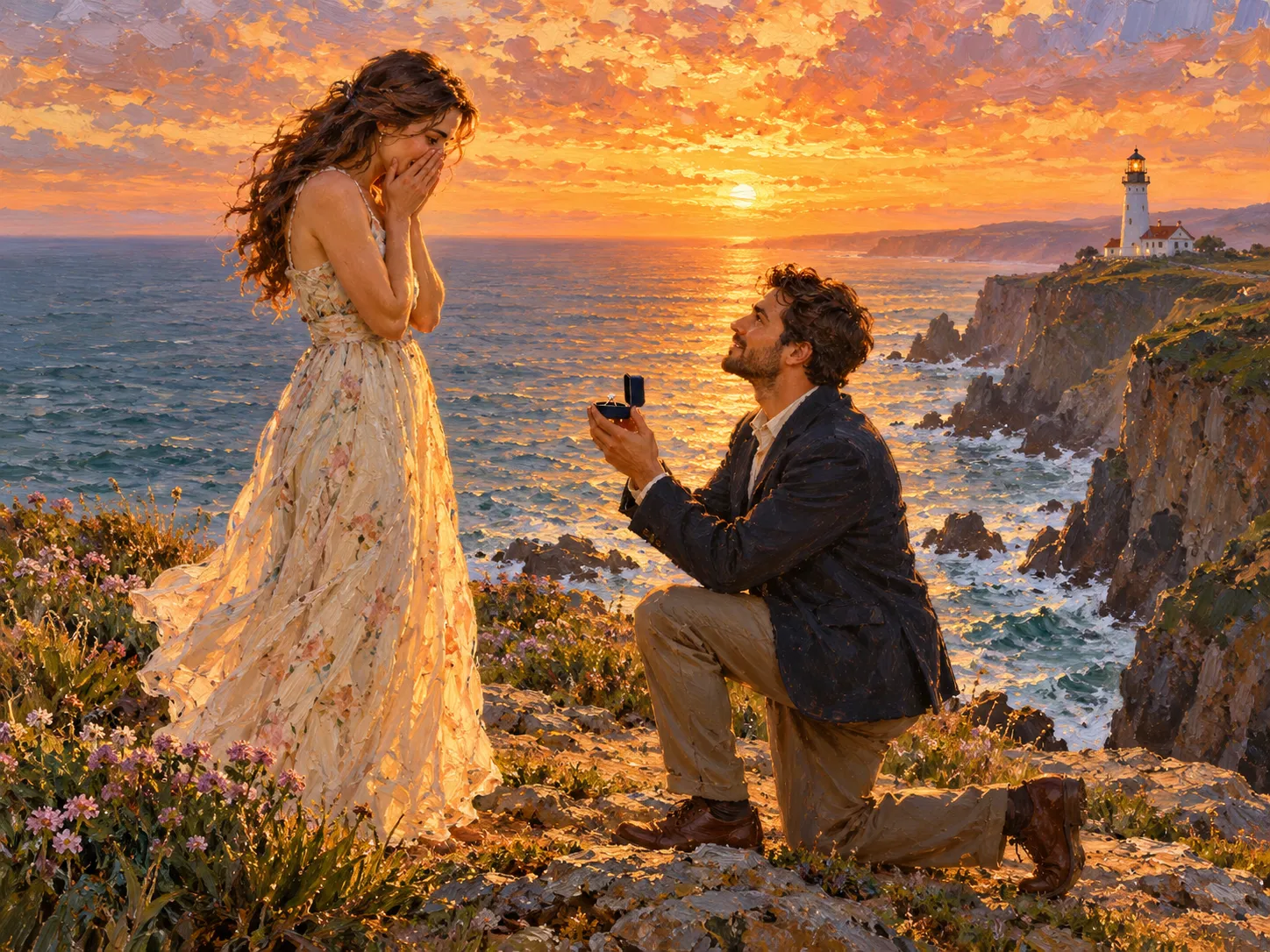 Oil painting of a proposal on a clifftop at sunset with a lighthouse behind