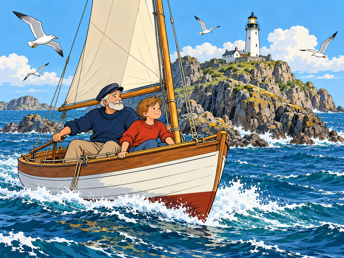 Comic-style illustration of a grandfather and grandson sailing past a lighthouse