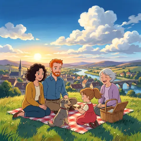 A family picnic drawn in the Anime style