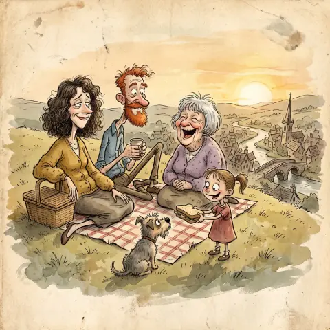 A family picnic drawn in the Caricature style
