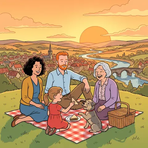 A family picnic drawn in the Clear line style