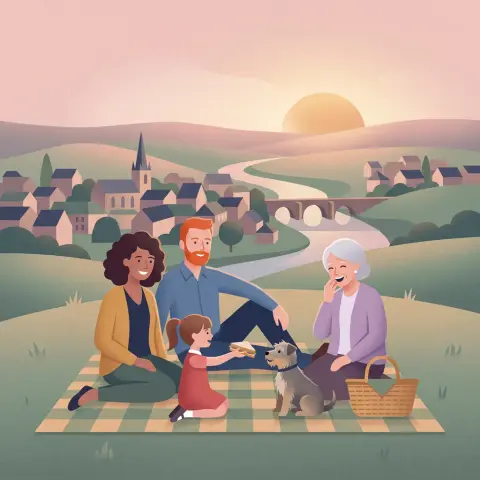 A family picnic drawn in the Modern style