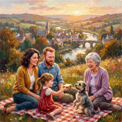 A family picnic drawn in the Oil painting style