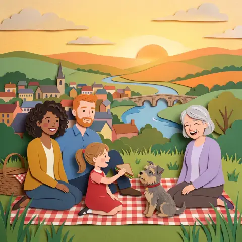 A family picnic drawn in the Paper cut-out style