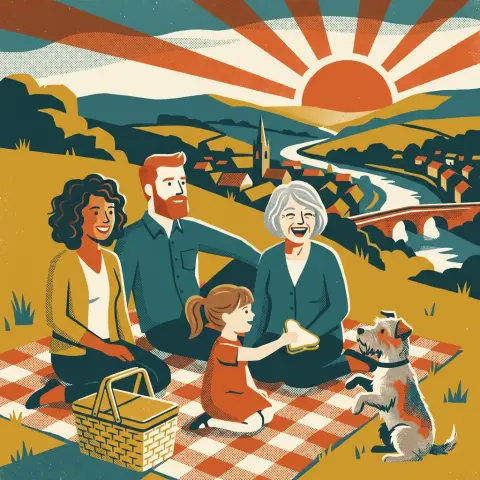 A family picnic drawn in the Retro print style
