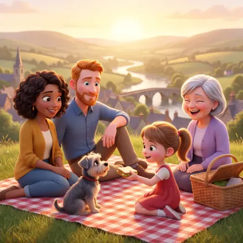 A family picnic drawn in the 3D animation style