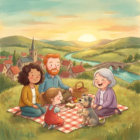 A family picnic drawn in the Storybook style