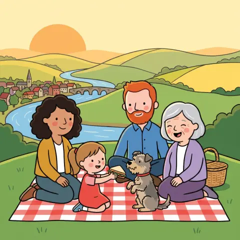 A family picnic drawn in the Little ones style