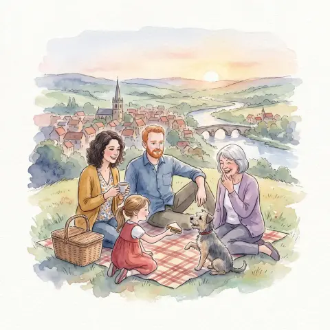 A family picnic drawn in the Watercolour style