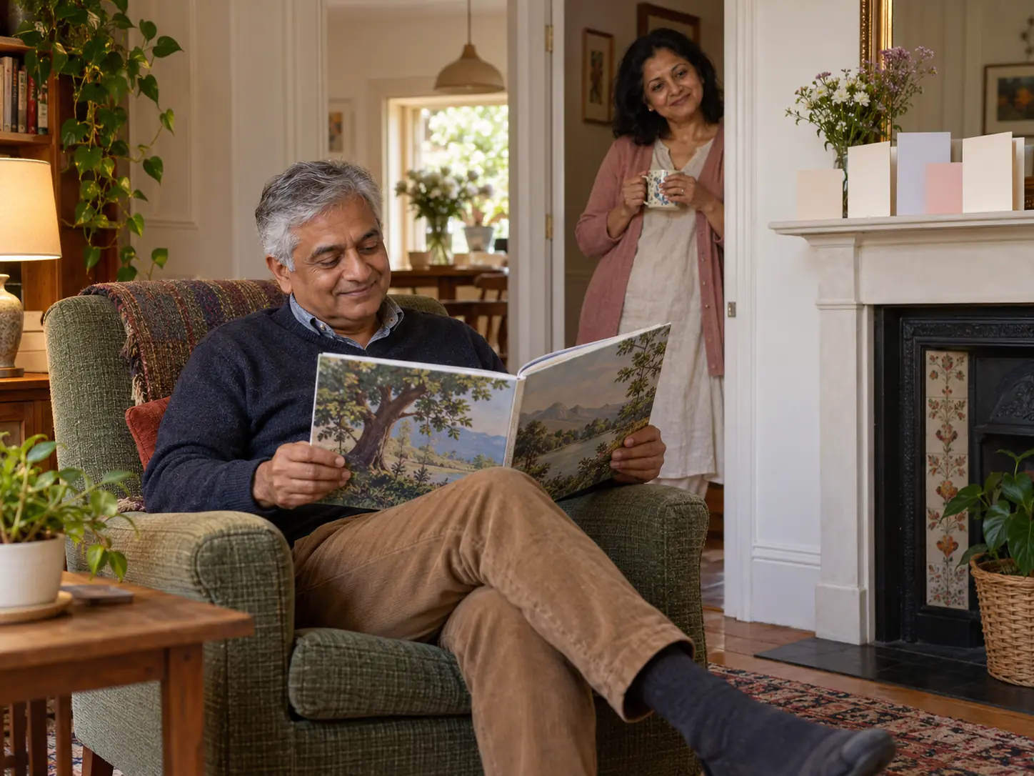 A man in an armchair smiling as he reads his birthday book while his wife watches from the doorway