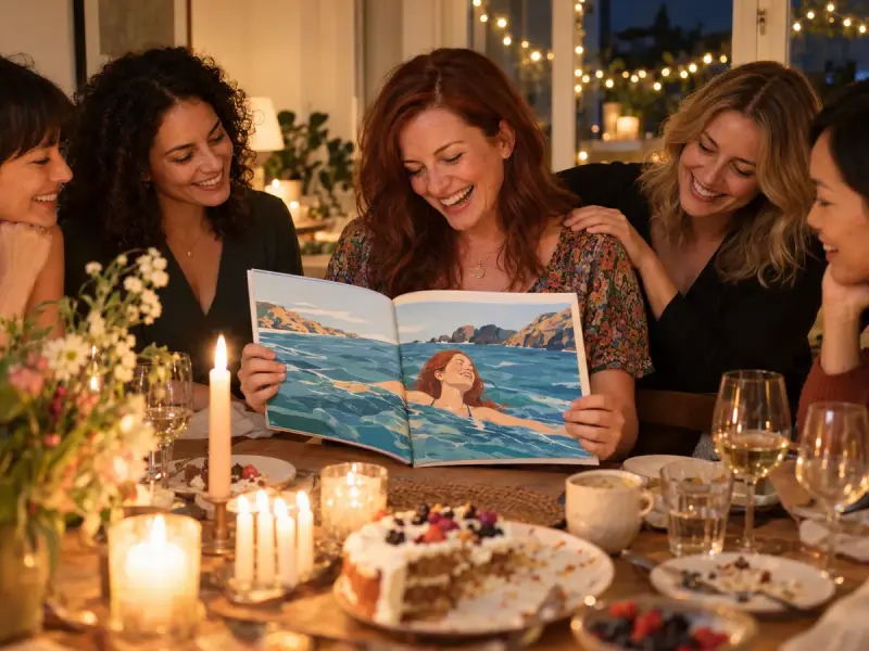 A woman laughing at her birthday dinner as she opens a picture book about herself