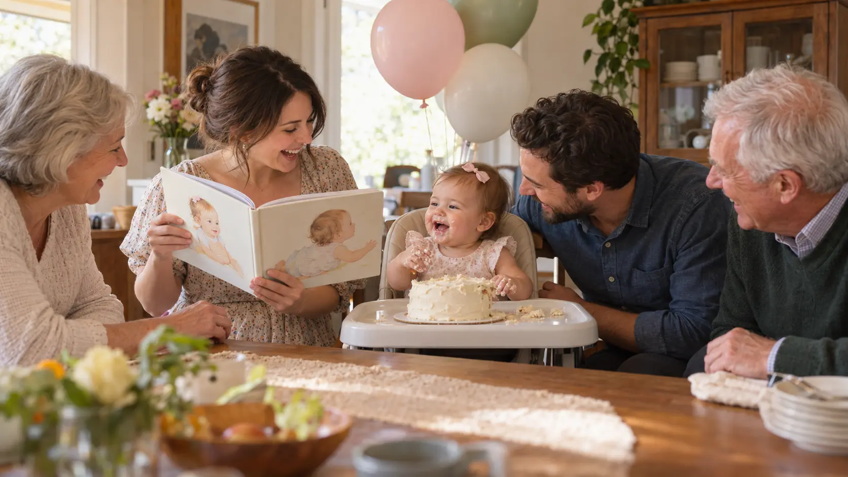 A baby at her first birthday in a high chair while her family laughs over her picture book