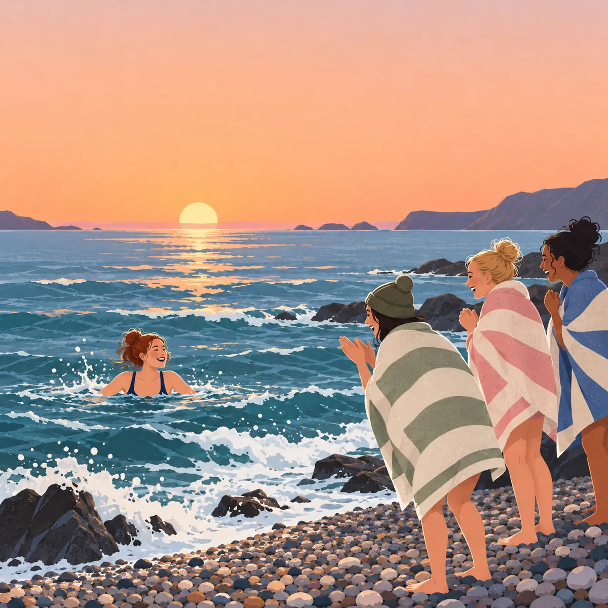Flat modern illustration of a woman swimming in the sea at sunrise while friends cheer from the beach