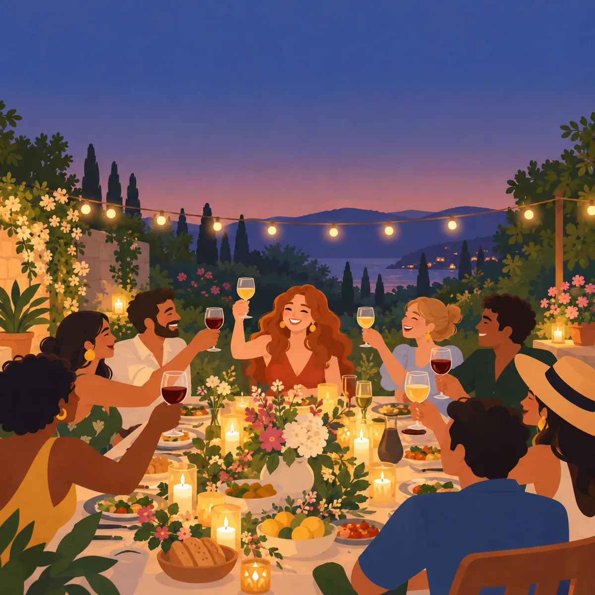 Flat modern illustration of friends raising glasses at a birthday garden party under string lights