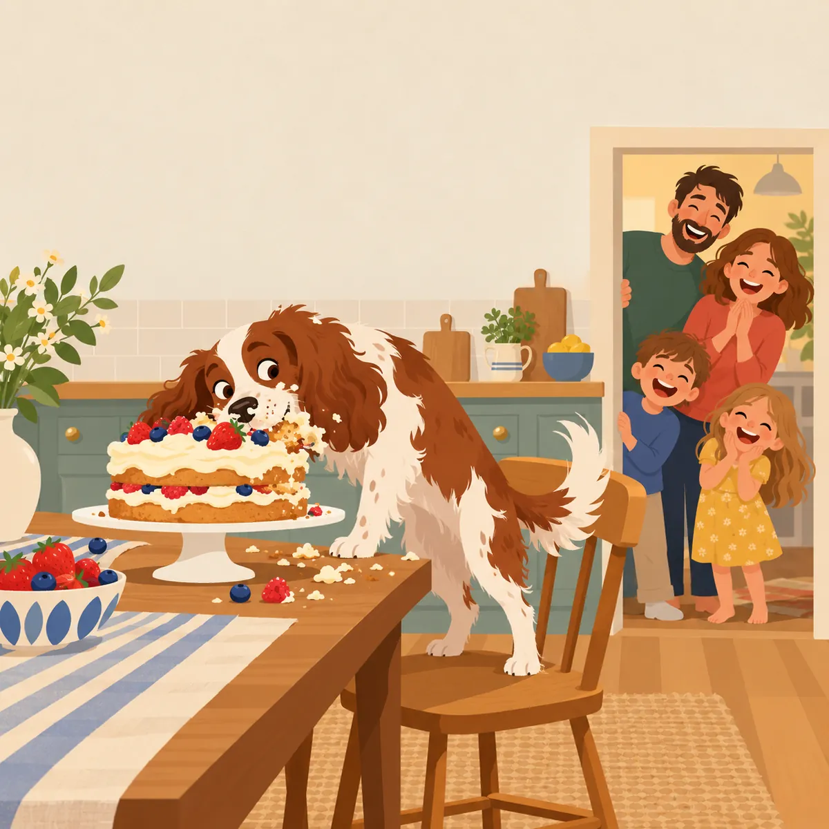 Flat modern illustration of a dog with its face in a birthday cake while the family laughs