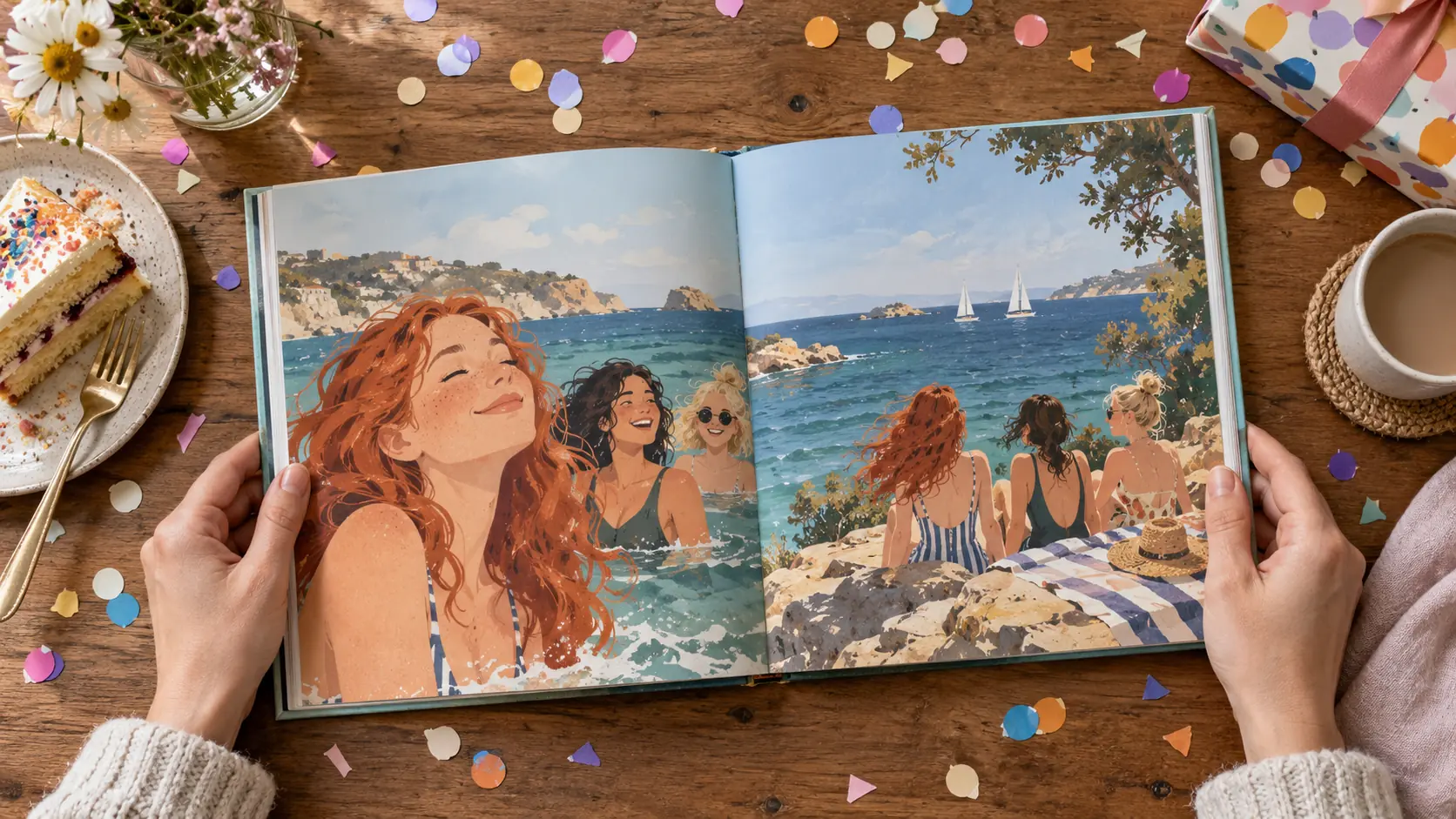 Hands opening a birthday picture book on a table scattered with confetti and a slice of cake