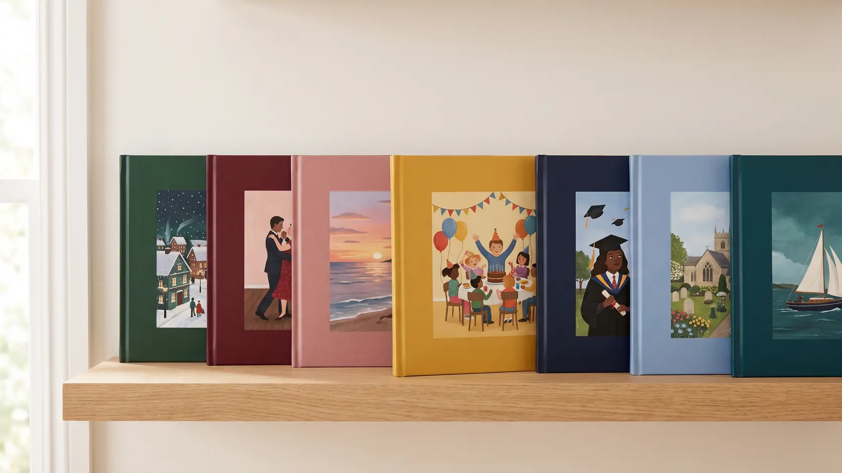 Square hardback picture books with printed covers in seven colours