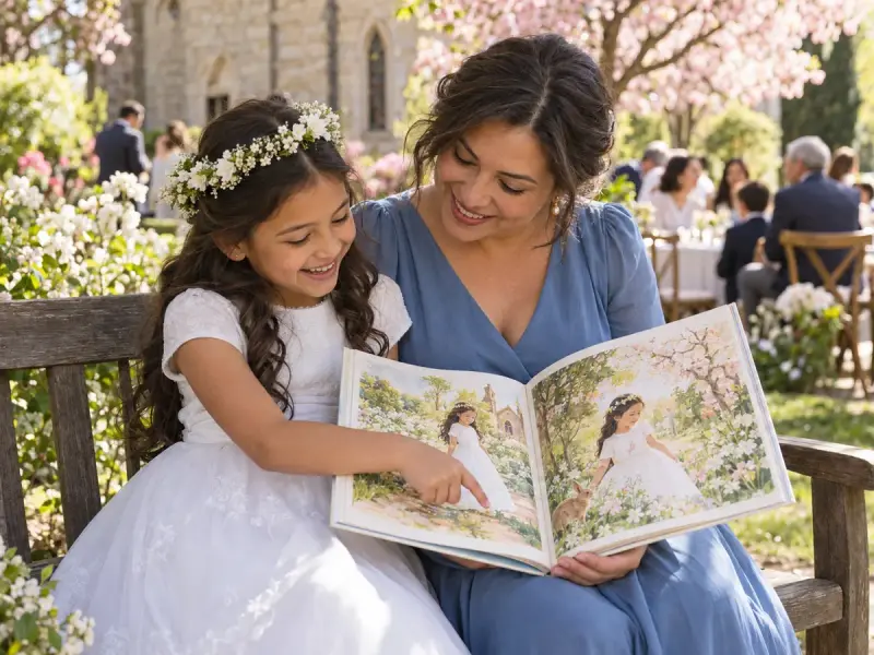 A girl in her white First Communion dress reading her picture book with her godmother in a garden