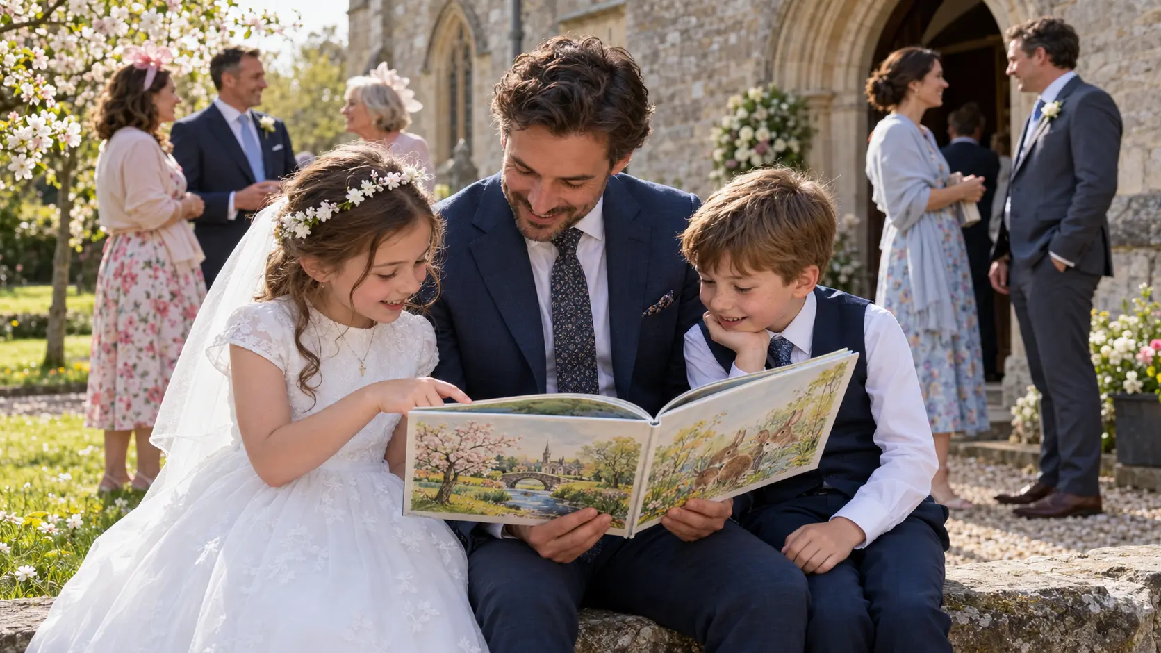 Two cousins in their First Communion clothes looking at their picture book with their godfather outside church