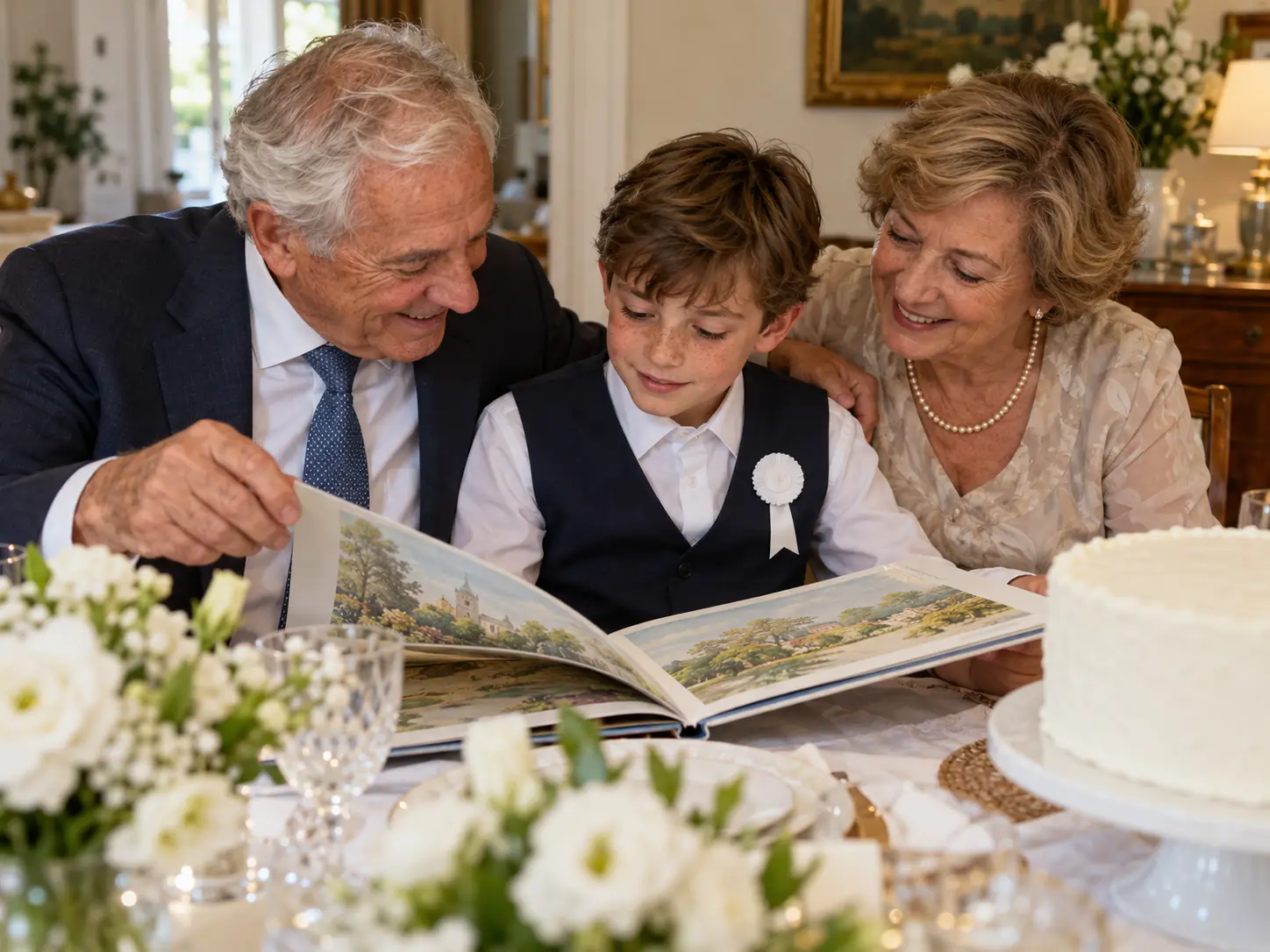 A boy in a white shirt and waistcoat looking at his First Communion book between his grandparents