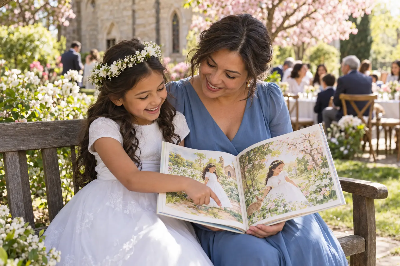 A girl in her white First Communion dress reading her picture book with her godmother on a garden bench