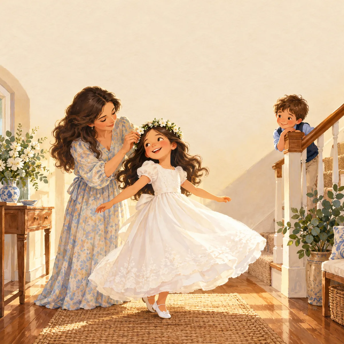 Storybook illustration of a girl in a white dress twirling in the hallway while her mum fixes her hair