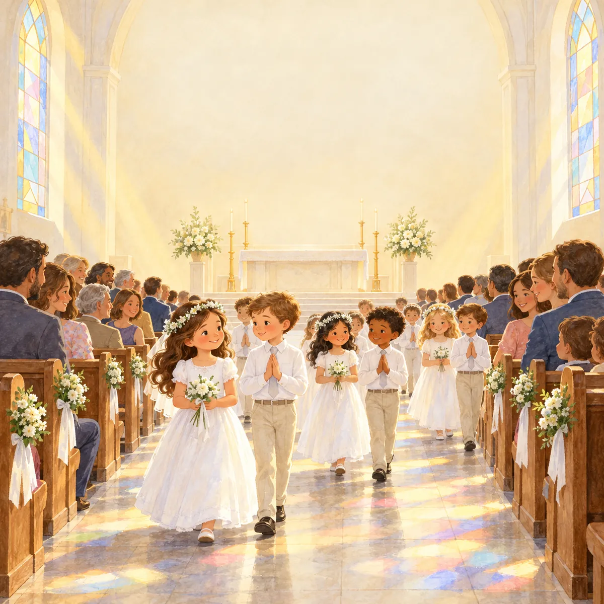 Storybook illustration of children in white walking up the aisle of a bright church