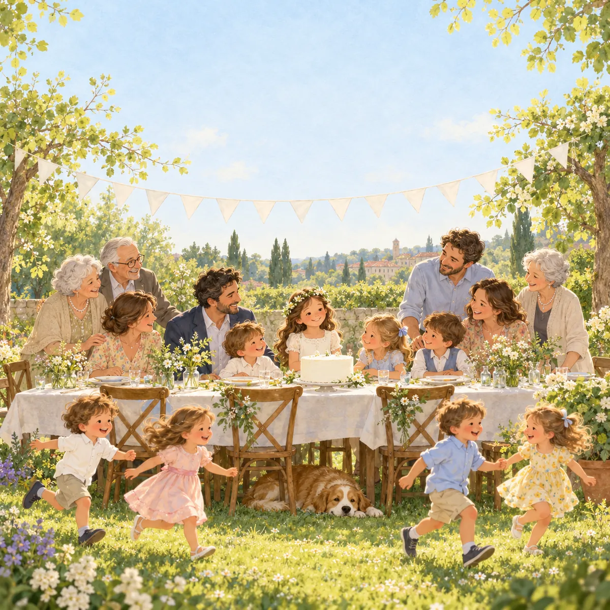 Storybook illustration of a family celebration in a garden with a white cake