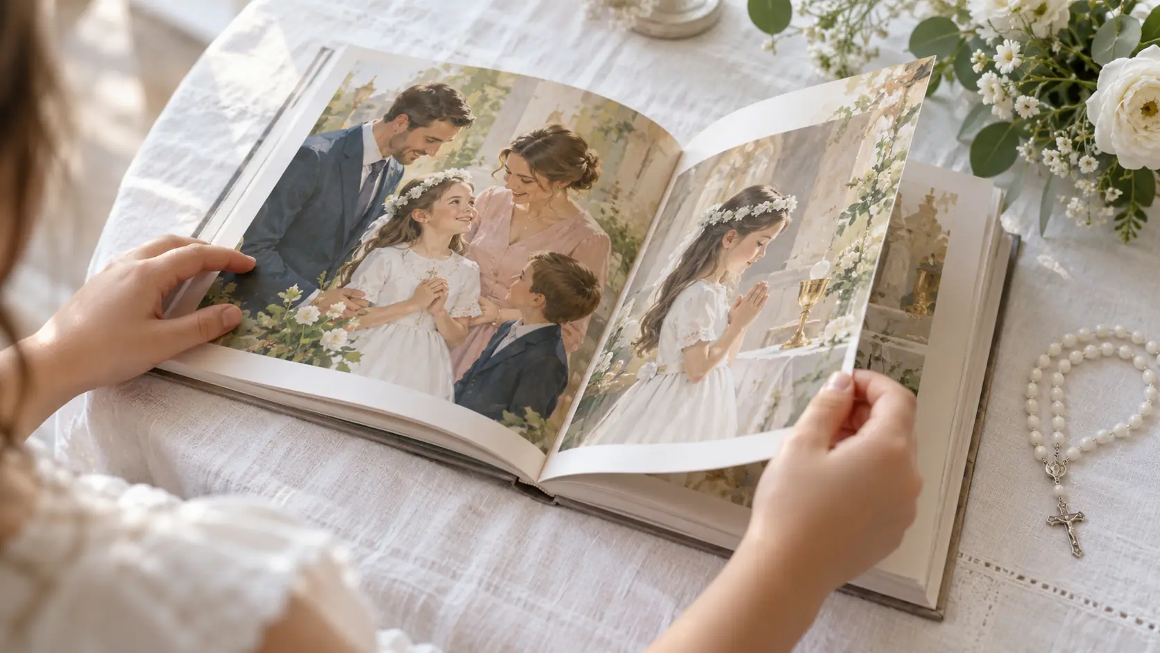 A child’s hands turning the pages of a First Communion picture book beside a white rosary and flowers