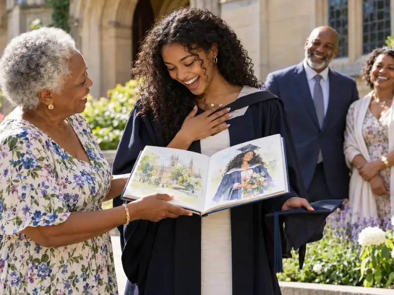 A grandmother giving her granddaughter, in a graduation gown, a picture book about her