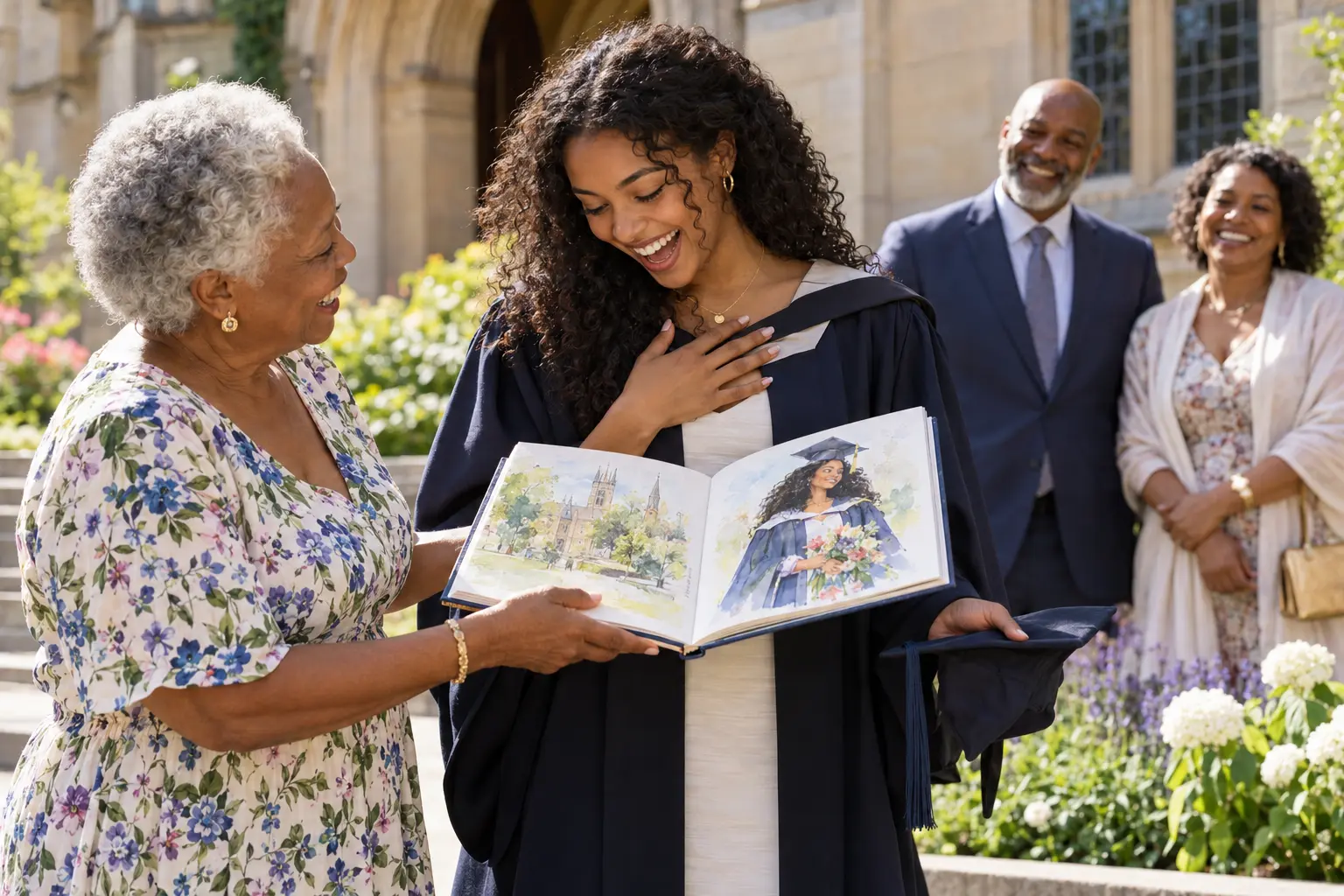 A grandmother giving her granddaughter, in her graduation gown, a picture book about her