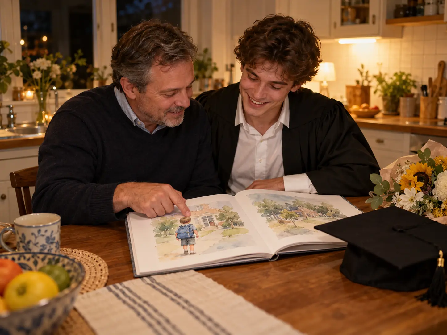 A father and his graduate son looking through the graduation book at the kitchen table