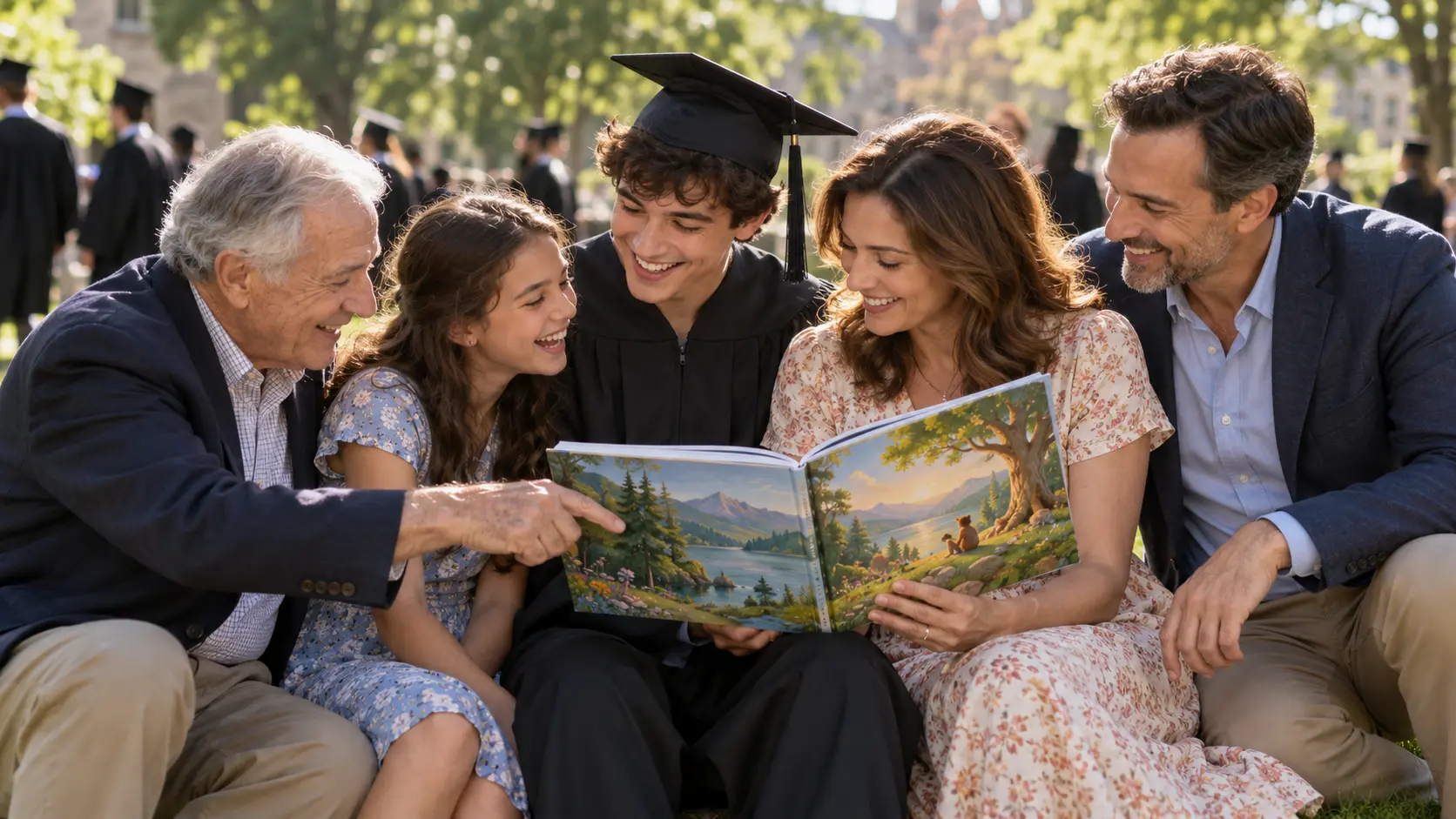 A graduate in his gown laughing with his family over his picture book on the lawn after the ceremony