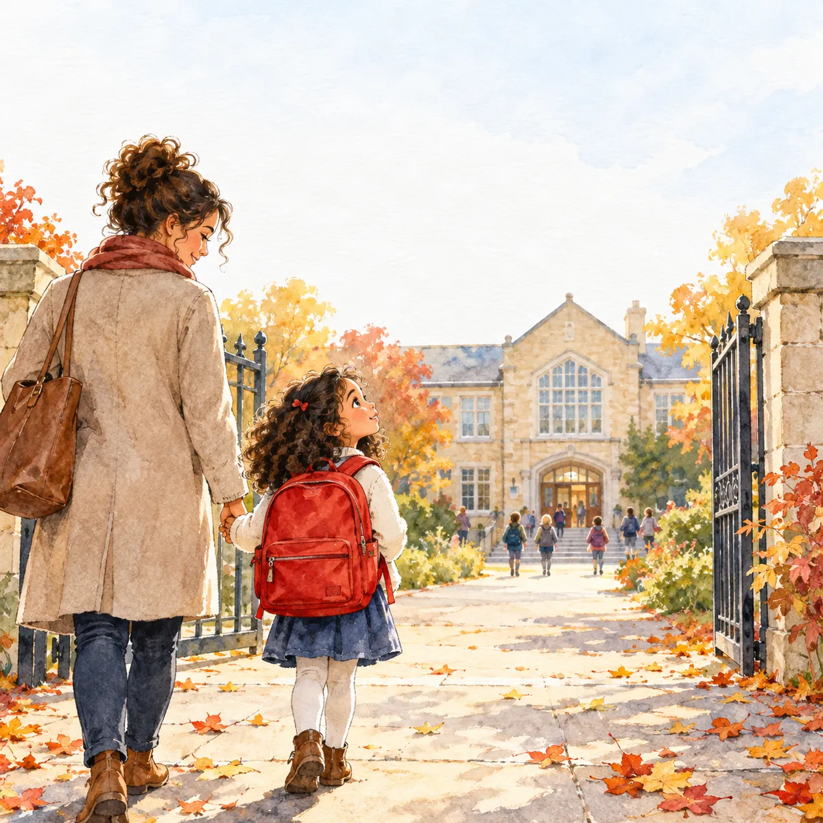 Watercolour of a little girl with a big red backpack holding her mother’s hand at a school gate