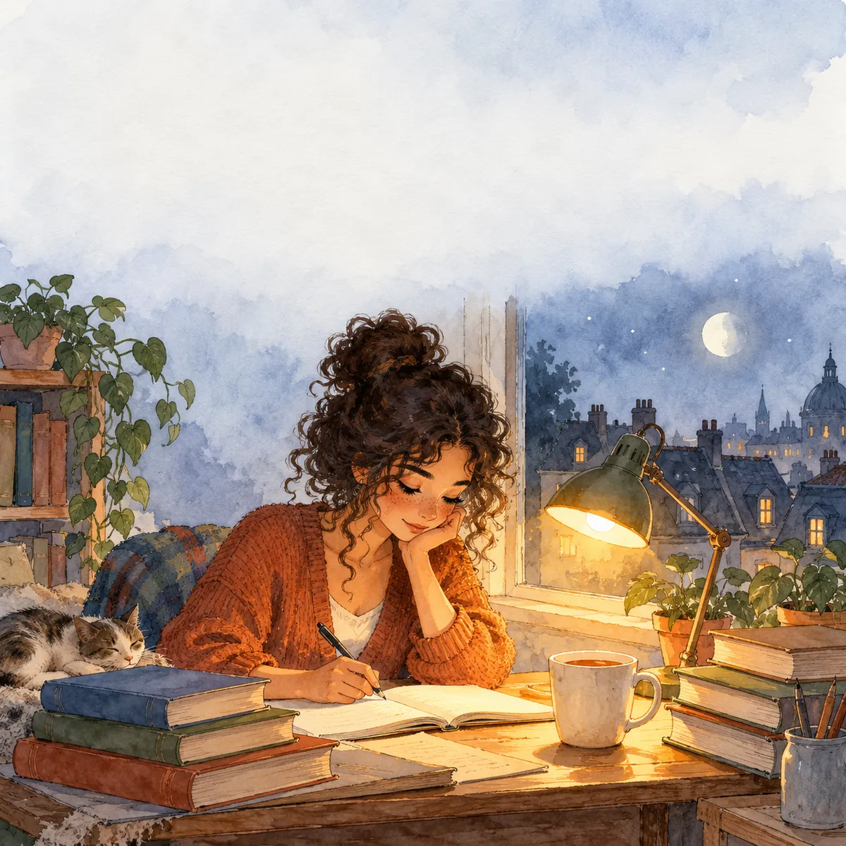 Watercolour of a young woman studying late at night at a desk piled with books