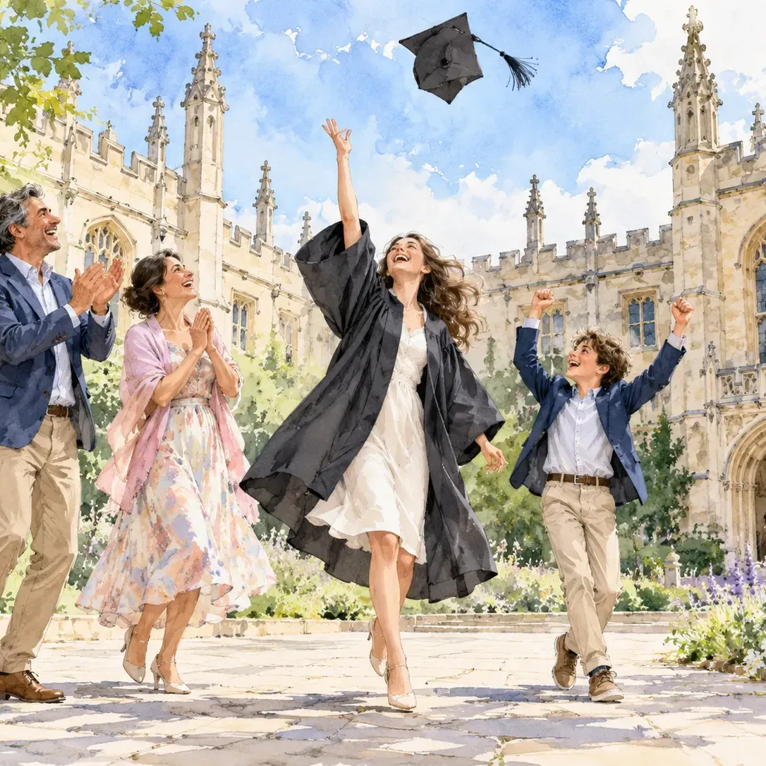 Watercolour of a graduate throwing a cap in the air in front of a university as her family cheers