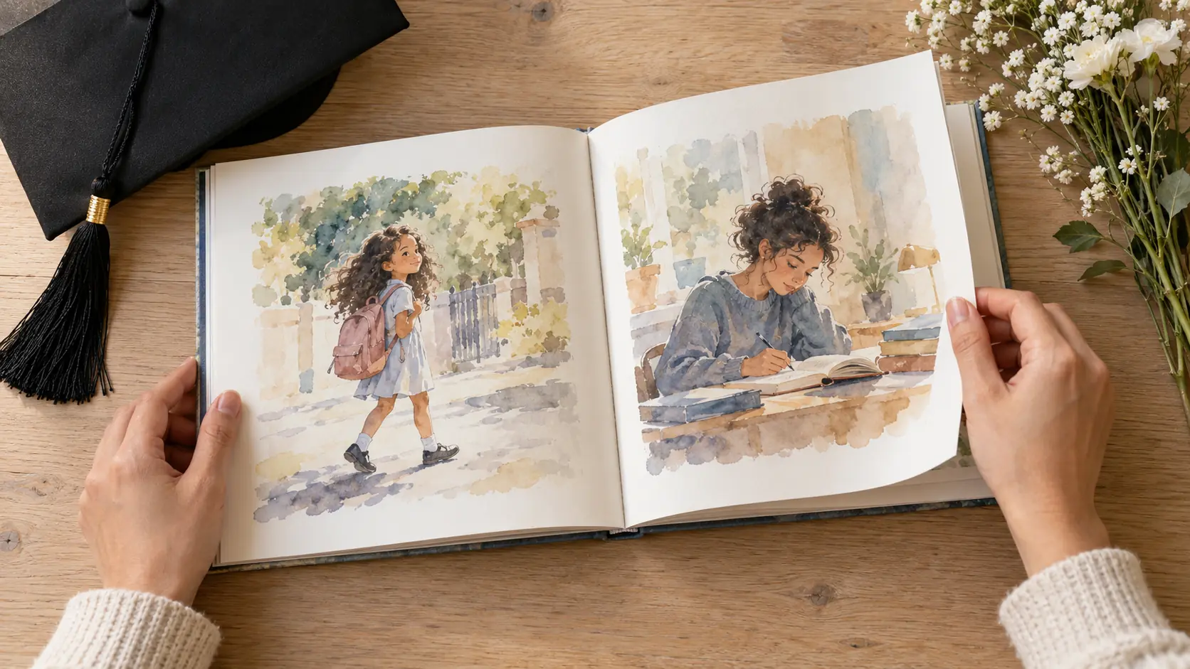 Hands turning the pages of a watercolour graduation picture book beside a mortarboard and flowers