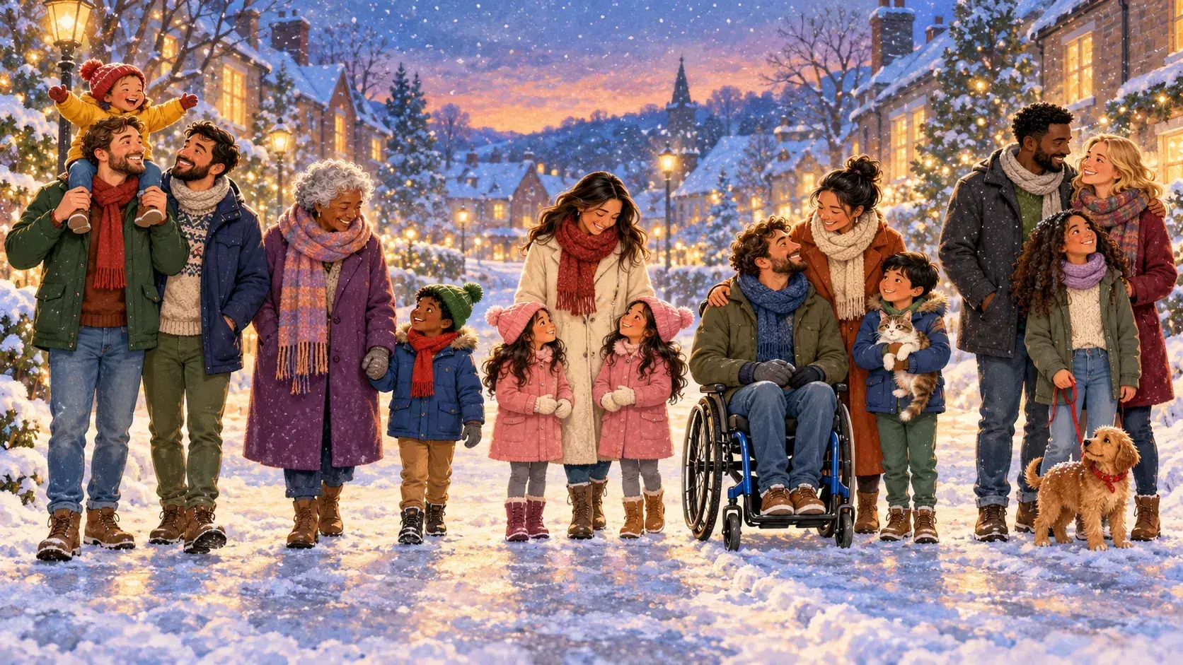 Storybook illustration of five different families walking down a snowy street at dusk