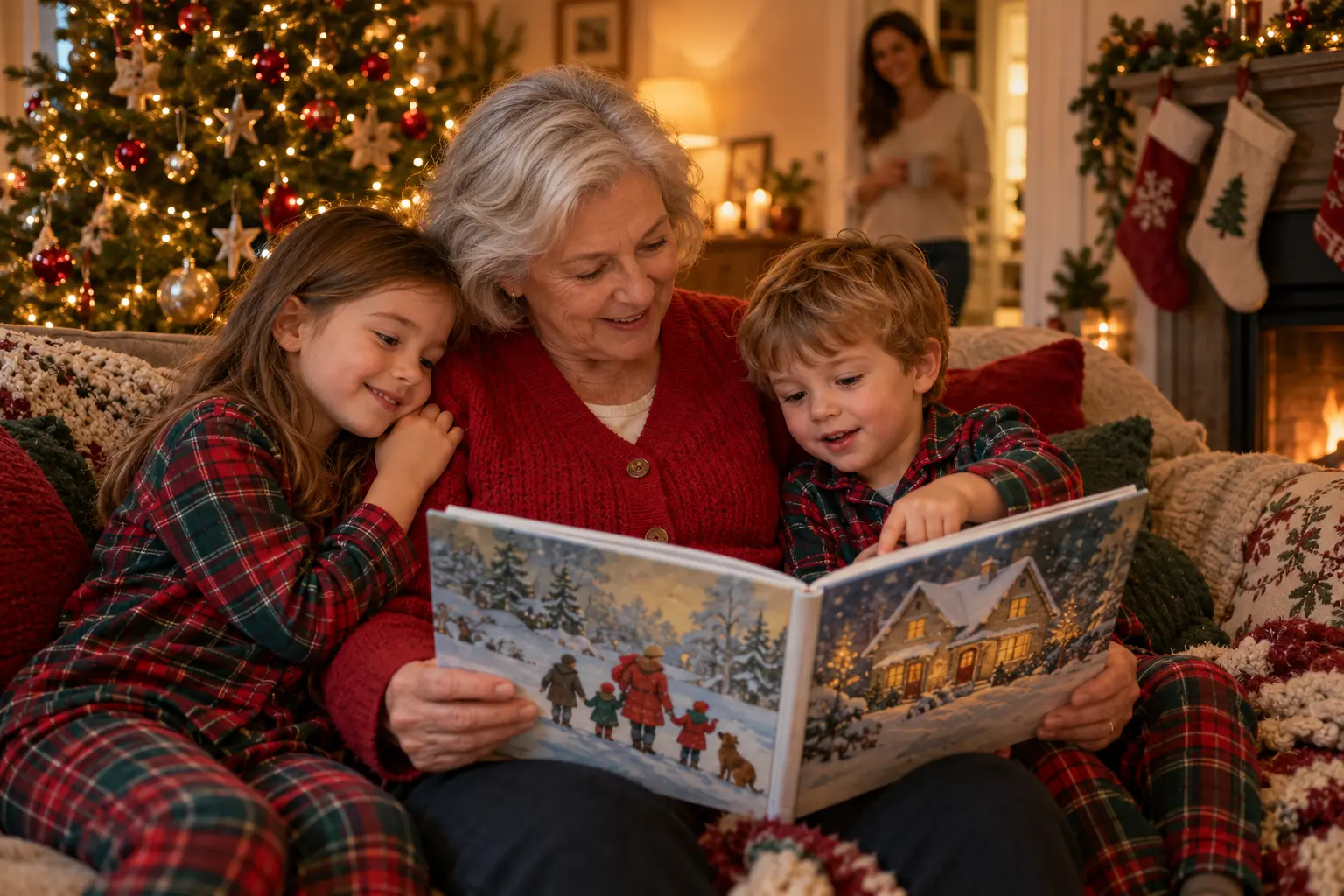 A grandmother reading the family’s Christmas picture book to her two grandchildren in pajamas by the tree
