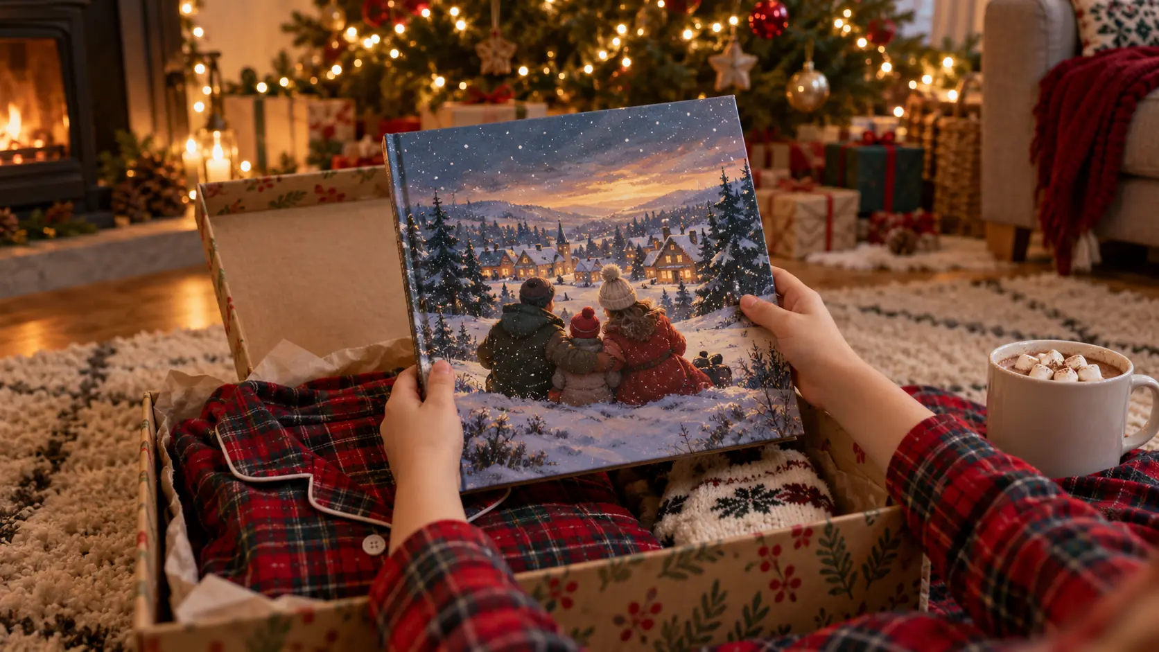 A child lifting the hardback picture book out of a Christmas Eve box with pajamas and hot chocolate