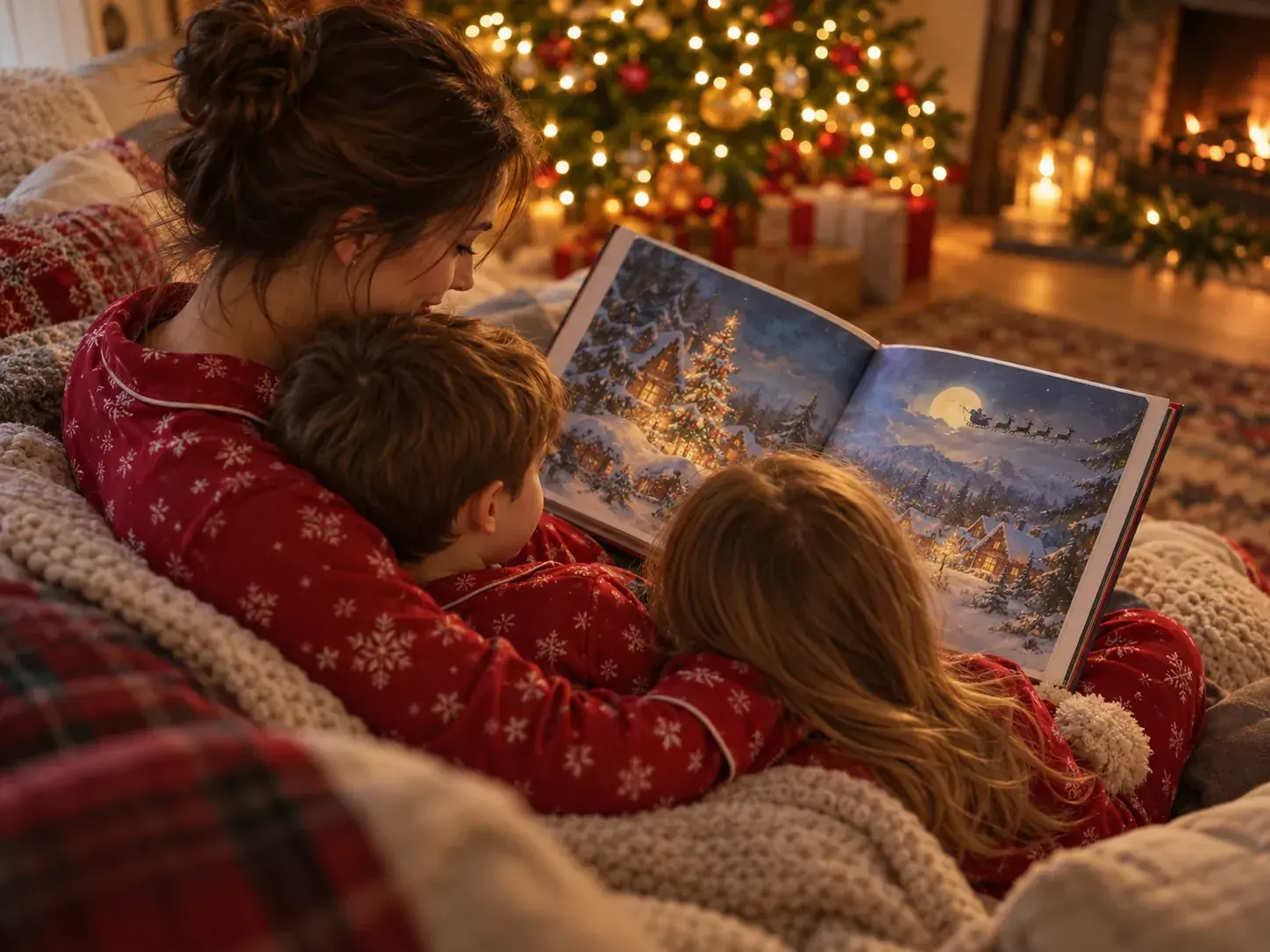A parent and two children in red pajamas reading a picture book on the sofa by the Christmas tree