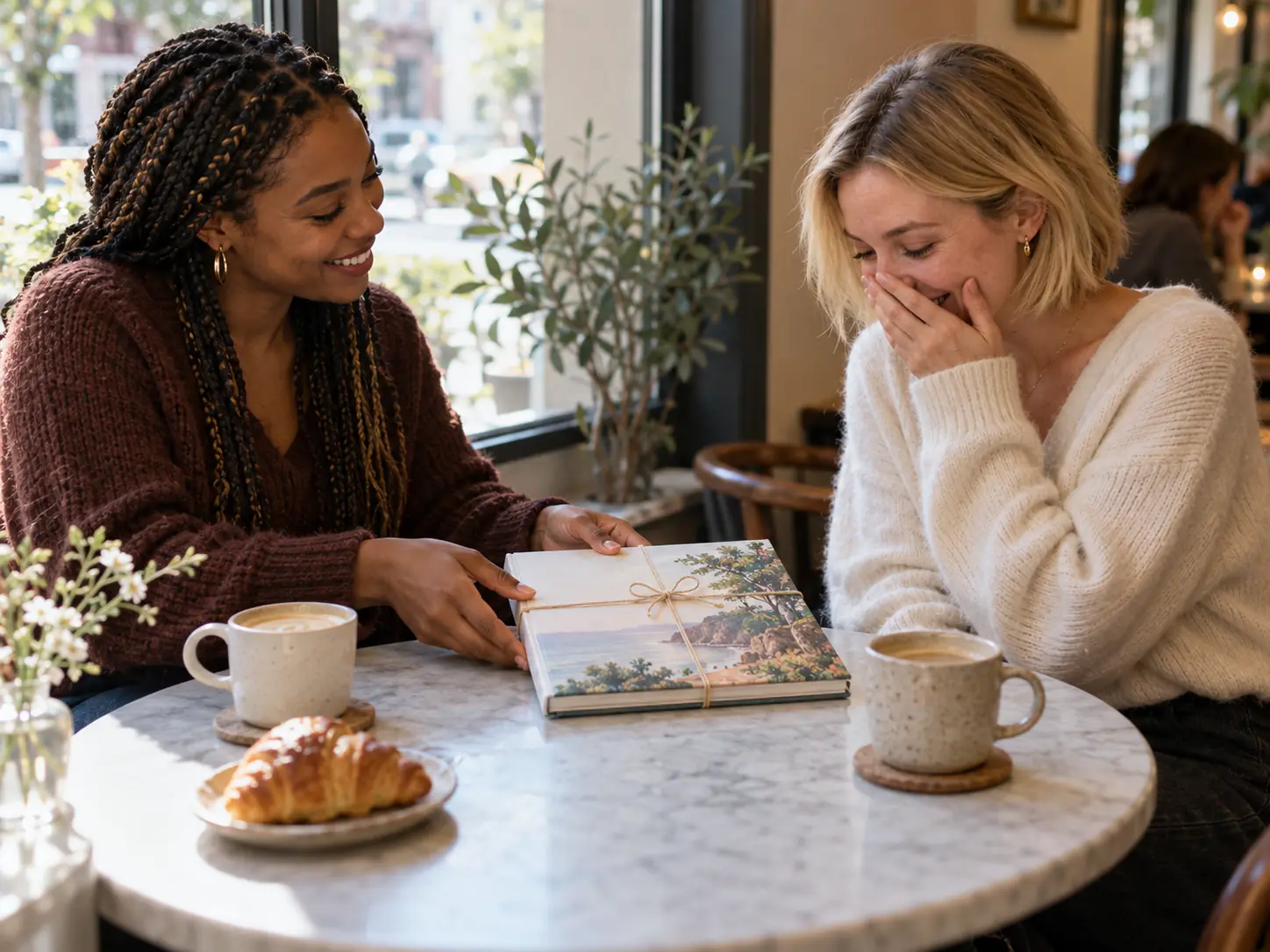 A woman sliding a wrapped picture book across a café table to her partner, who covers her mouth in surprise