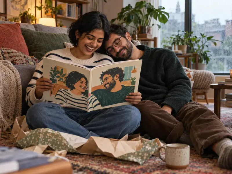 A young couple on the floor of their flat laughing as they open their picture book