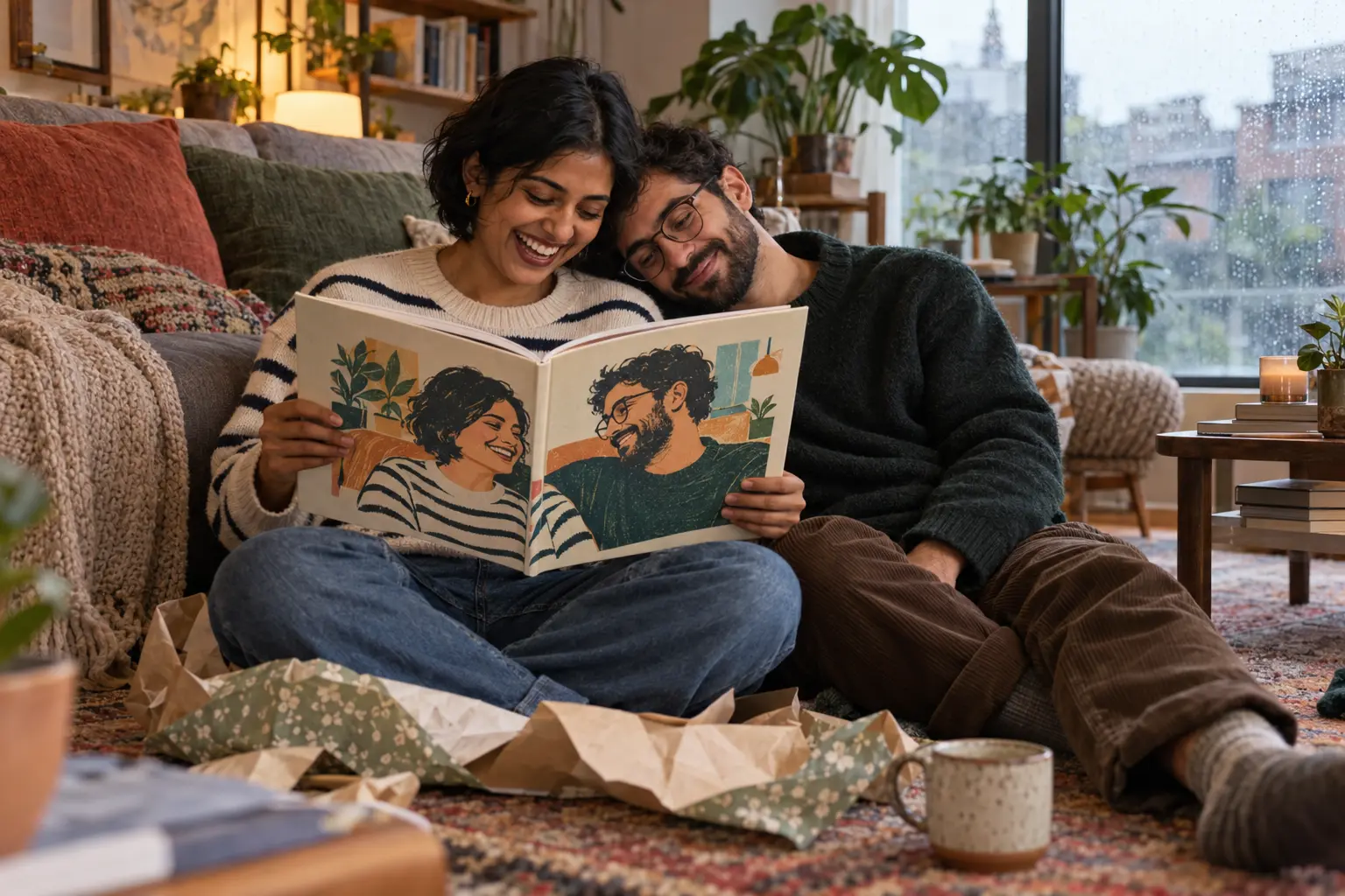 A young couple on the floor of their apartment laughing as she opens the picture book about the two of them