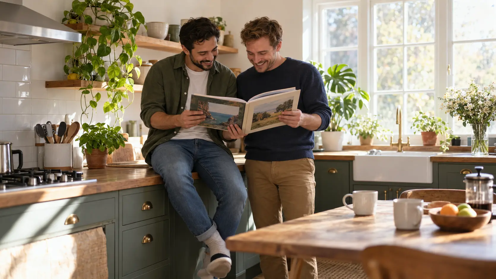 Two men laughing together over the picture book about them in their kitchen